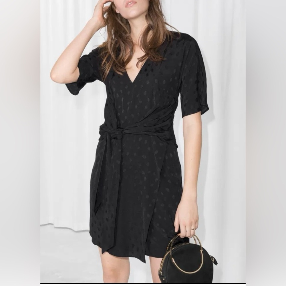 Paris Atelier & Other Stories Tonal Polka Dot Tie Waist Dress NWT Black Sz 4